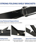 Heavy Duty Folding Shelf Brackets, 20 Inch 4 Pack Collapsible Wall Mounts close-up of diagonal brace and folding switch mechanism.