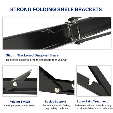 Heavy Duty Folding Shelf Brackets, 20 Inch 4 Pack Collapsible Wall Mounts close-up of diagonal brace and folding switch mechanism.