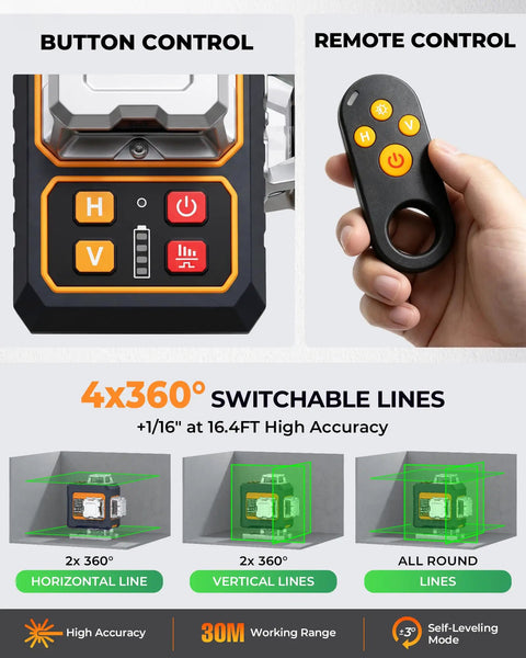 360 Degree Laser Level Self Leveling Kit With 56 Inch Tripod For Construction And Tile, dual control buttons and remote