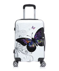 InUSA white hard-shell carry-on luggage with a butterfly print, 20-inch, spinner wheels and telescoping handle.