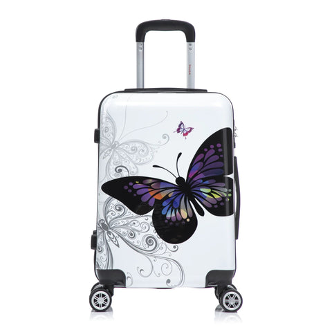 InUSA white hard-shell carry-on luggage with a butterfly print, 20-inch, spinner wheels and telescoping handle.