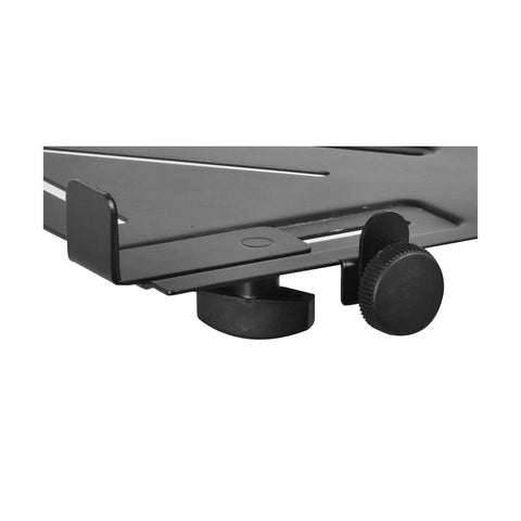 Close-up of Flat Top Laptop Shelf For Mic Stands With Ventilated Design And Adjustable Tabs, featuring solid dope mount MSA5000.