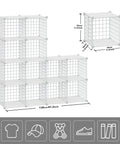 Freely Combinable 12 Cube Wire Storage Organizer Shelf in white metal with measurements, ideal for displaying items.