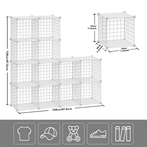 Freely Combinable 12 Cube Wire Storage Organizer Shelf in white metal with measurements, ideal for displaying items.