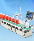 Heavy Duty Double Head Liquid Filling Machine With Belt Conveyor And Digital Control Built Different For Perfume Oil And Juice Bottling Operations, featuring red liquid jars on a conveyor.