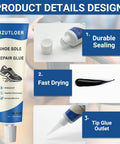 Shoe Sole Repair Glue tube with details on durable sealing, fast drying, and tip glue outlet for heel wear and cracking fix.
