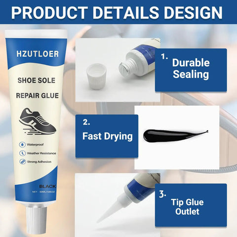 Shoe Sole Repair Glue tube with details on durable sealing, fast drying, and tip glue outlet for heel wear and cracking fix.