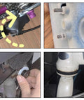 Collage showing installation uses for 1200 Piece White Nylon Washers Set For Bolts And Screws in automotive and DIY projects.