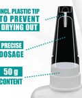 Close-up of 50g all purpose shoe repair adhesive bottle with plastic tip for precise dosage, used for sole separation and seam cracks.