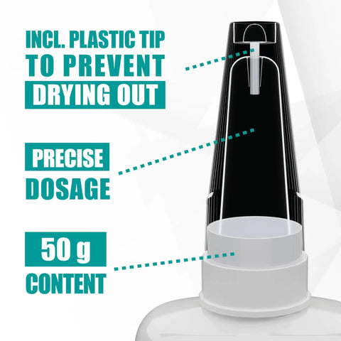 Close-up of 50g all purpose shoe repair adhesive bottle with plastic tip for precise dosage, used for sole separation and seam cracks.