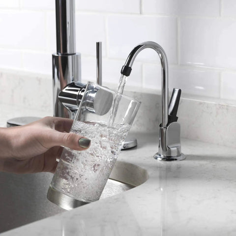 Top Shelf One Handle Low Arc Chrome Faucet For Countertop With Lead Free Drinking Water Flow pouring water into a glass.