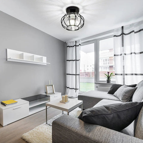 Black Crystal Flush Mount Ceiling Light with Modern Close to Ceiling Design in stylish living room setting