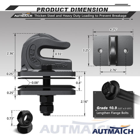 Beefy Workhorse 3/8 Inch Bolt On Tractor Bucket Grab Hook Grade 70 Forged Steel, 2 Pack With Backer Plate, product dimensions shown