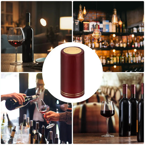 Top Shelf Pvc Heat Shrink Caps With Tear Tab For Wine Bottles 120 Piece Pack 30x60mm Red Bottle Seal in bar setting.