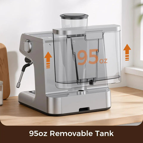 Prosumer Espresso Machine With Built In Grinder Featuring 20 Bar Pressure Thermoblock Heating Keeps Temperatures Rock Solid Integrated Milk Frother For Rich Foam Silver brewing station with 95oz removable water tank.