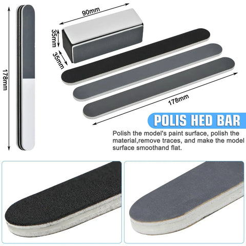 Sanding and polishing tools from 53 Piece Hobby Model Tools Kit for Cutting Sanding Carving and Assembly Designed for Serious Mecha Builders and Weekend DIYers Alike This Essential Tool Set Keeps Your Model Parts Snug and Your Build Smooth for Repairs and Tweaks, including bar and files with measurements.