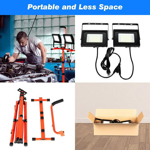 Beast Bright LED Work Light Kit with Retractable Tripod and Dual Head, 10000 Lumen Output, shown compact in box and assembled.