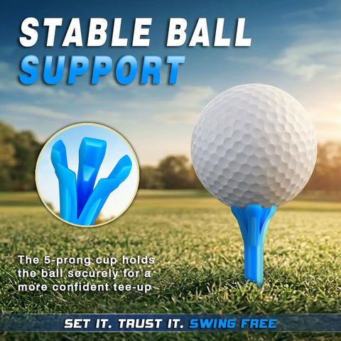 Golf ball on blue plastic tee, five-prong head for stable support, focus on 150 Pack Golf Tees Mixed Sizes Three And A Quarter Inch And One And A Half Inch Five Prong Head Ultra Stable Low Resistance For Longer Drives Plastic Tees Blue