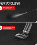 Image showing cleaning instructions for Oil Spill Mat For Garage Floor, Heavy-Duty Absorbent Pad, using water spray and vacuum cleaner.