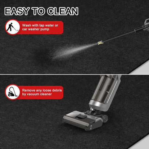 Image showing cleaning instructions for Oil Spill Mat For Garage Floor, Heavy-Duty Absorbent Pad, using water spray and vacuum cleaner.