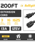 Diagram of Long Reach 200ft Heavy Duty Extension Cord 16 AWG 3 Prong SJTW Power Cable, showing connectors, ratings, and usage details.