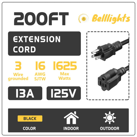 Diagram of Long Reach 200ft Heavy Duty Extension Cord 16 AWG 3 Prong SJTW Power Cable, showing connectors, ratings, and usage details.