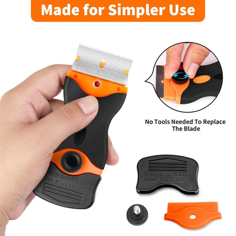 Heavy Duty Blade Scraper Tool With 40 Replaceable Metal And Plastic Blades, orange and black dual-end scraper with replacement parts