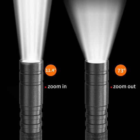 LED Pen Light With Zoomable Beam 270 Lumens Pocket Size Clip Flashlight showing zoom in and zoom out beam angles