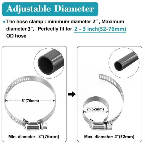 Diagram showing Stainless Steel Hose Clamps 2 To 3 Inch Adjustable for 52-76 mm hoses, highlighting diameter range and fit for tubing.