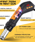 Heat Gun 700W Mini Hot Air Rework Tool with LED Display, non-slip handle, air vents, and temperature range 212°F to 932°F.