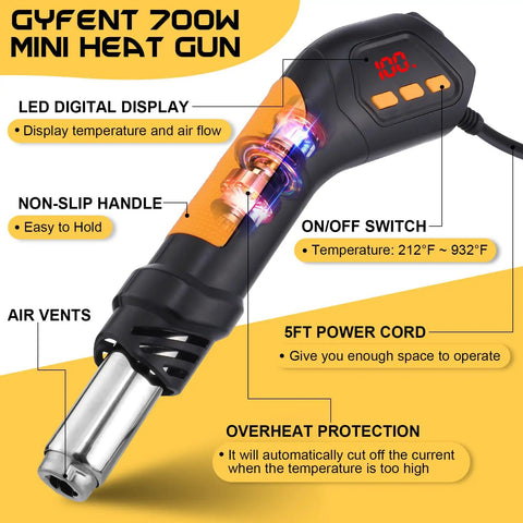 Heat Gun 700W Mini Hot Air Rework Tool with LED Display, non-slip handle, air vents, and temperature range 212°F to 932°F.
