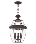Monterey 3 Light Outdoor Hanging Lantern in bronze finish, solid brass construction, clear beveled glass, traditional style.