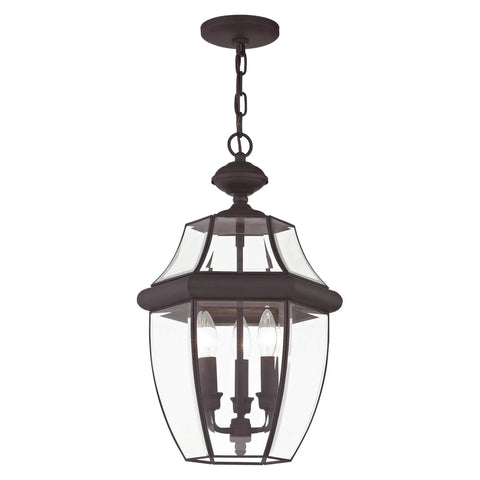 Monterey 3 Light Outdoor Hanging Lantern in bronze finish, solid brass construction, clear beveled glass, traditional style.