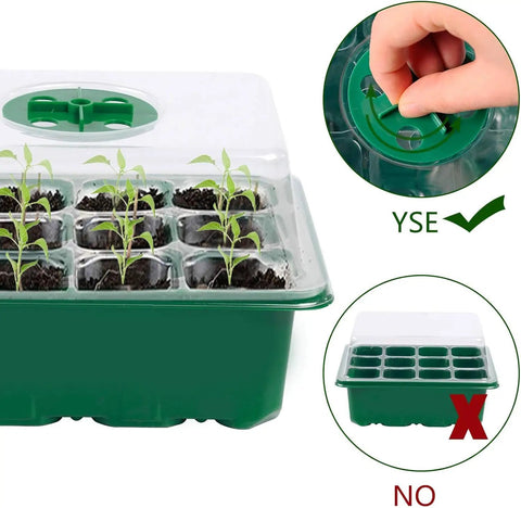 Six Tray Seed Starter Kit With Adjustable Humidity Dome, 12 Cell Seedling Trays showing dome adjustment and seedlings growing