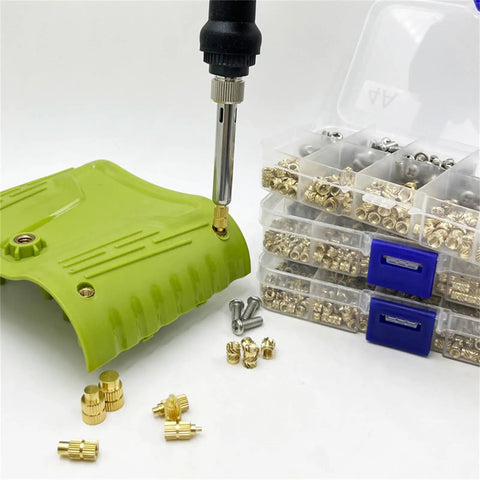 Rock Solid Brass Thermal Insert Nuts Featuring Precise Internal Threads For Printed Boards And Electronics Fix Ups set in use with a tool.