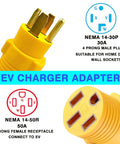 NEMA 14-30P To 14-50R EV Charger Adapter For Home Use with 4-prong male and female plugs shown in detail.