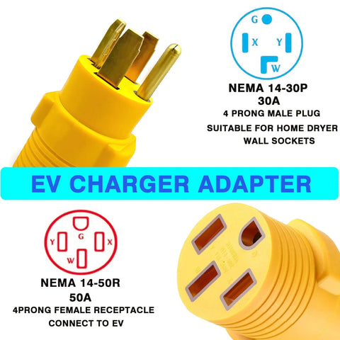NEMA 14-30P To 14-50R EV Charger Adapter For Home Use with 4-prong male and female plugs shown in detail.