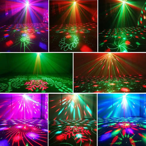 Disco Ball Stage Lights With Remote Control 2 In 1 Strobe Laser RGB Color Effect displayed in a dark room with patterns
