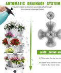 Vertical Strawberry Planter With 5 Tier Stackable Tower For Herbs Vegetables And Flowers Space Saving Outdoor Garden Planter Pot With Drainage System And Handy Tools Mover For Easy Assembly shown with automatic drainage feature