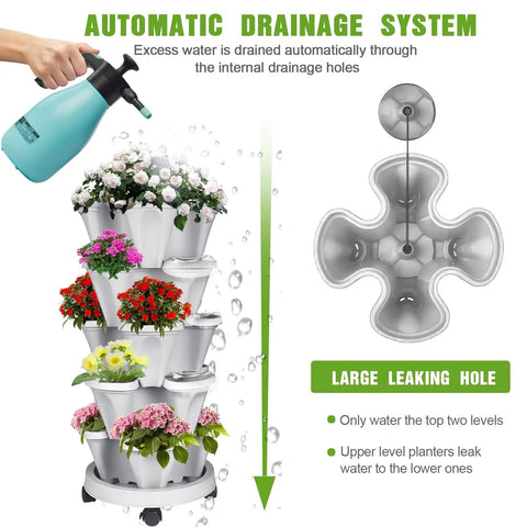 Vertical Strawberry Planter With 5 Tier Stackable Tower For Herbs Vegetables And Flowers Space Saving Outdoor Garden Planter Pot With Drainage System And Handy Tools Mover For Easy Assembly shown with automatic drainage feature