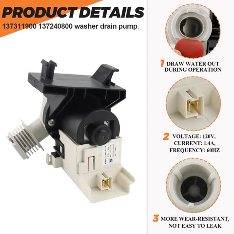 Heavy Duty Upgraded Washer Drain Pump Compatible With Electrolux And Frigidaire Washing Machines Dead Simple Install No Sweat Replacement For 137311900 And 137240800 Units, showing black and white pump details.
