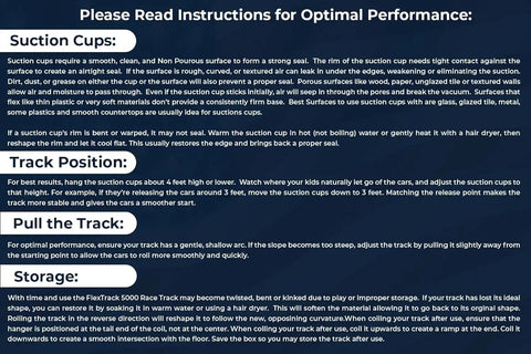 Instruction guide for setting up Flexible 15 Foot Race Car Track For Kids With Suction Cups Rolls Up Portable Racetrack.