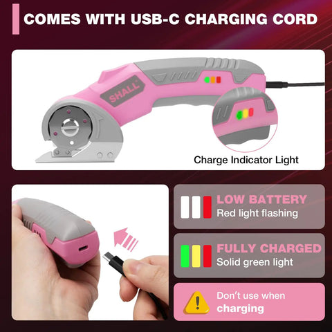 Shall 4V Cordless Electric Scissors With Safety Lock And Led Light showing USB-C charging port and indicator lights.