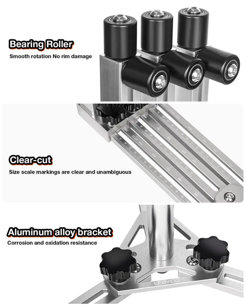 360 Degree Rotating Wheel Truing Stand For Bike Repair showing bearing roller, clear-cut scale, aluminum alloy bracket