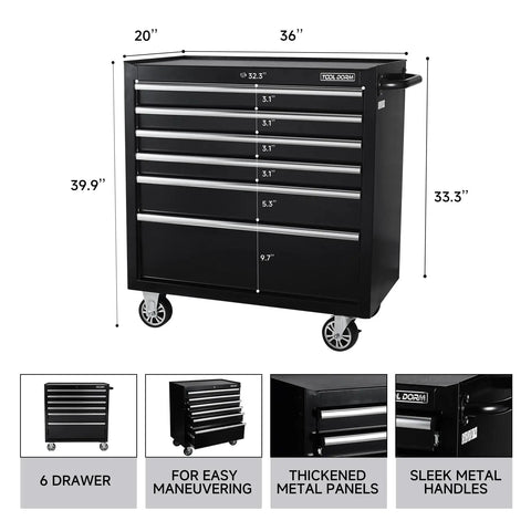 Rolling Tool Cabinet With Detachable Top Toolbox Two In One Modular Tool Storage Cart Lockable Wheels And Ball Bearing Sliders Beefy Heavy Duty Metal Chest In Black Powder Coat For Garage Workshop And Warehouse, 6-drawer cabinet on wheels