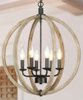 Six Light Farmhouse Chandelier With Rustic Wooden Globe Orb Open Sphere Pendant Light For Kitchen Island Foyer Bedroom Or Living Room 20 Inch Diameter Natural Wood And Metal Finish
