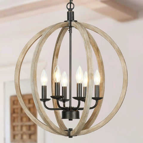 Six Light Farmhouse Chandelier With Rustic Wooden Globe Orb Open Sphere Pendant Light For Kitchen Island Foyer Bedroom Or Living Room 20 Inch Diameter Natural Wood And Metal Finish