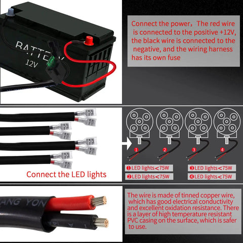 Diagram showing installation of Remote Control Wiring Harness Kit For 12V LED Driving Lights Bar And Offroad Lights.