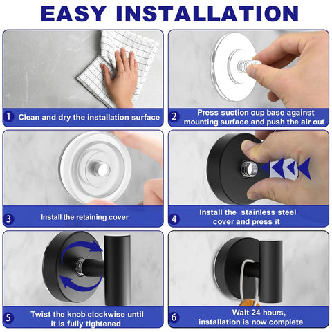 Installation steps for Suction Cup Hooks For Shower And Bathroom With Vacuum Lock Pro Seal Technology. Image shows six-step visual guide.