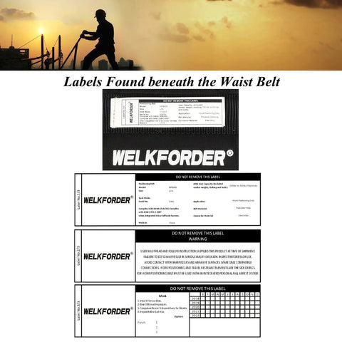 Labels on WELKFORDER Tongue Buckle Body Belt With Hip Pad And Dual Side D Rings For Personal Fall Arrest, Restraint, And Work Positioning